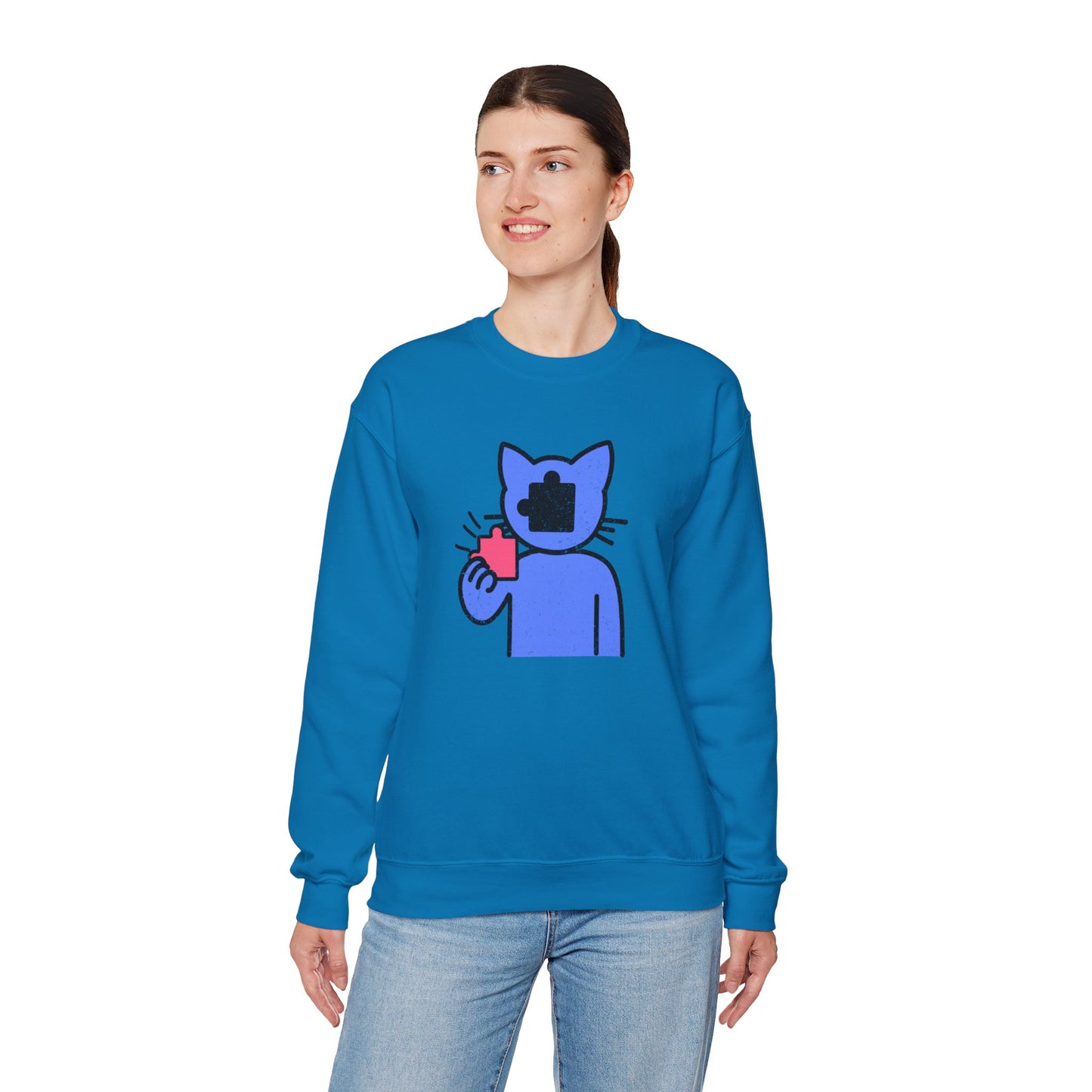 Cat Puzzle Piece Sweatshirt – Distressed Graphic Crewneck – Cozy Unisex Fleece for Life’s Puzzle Lovers