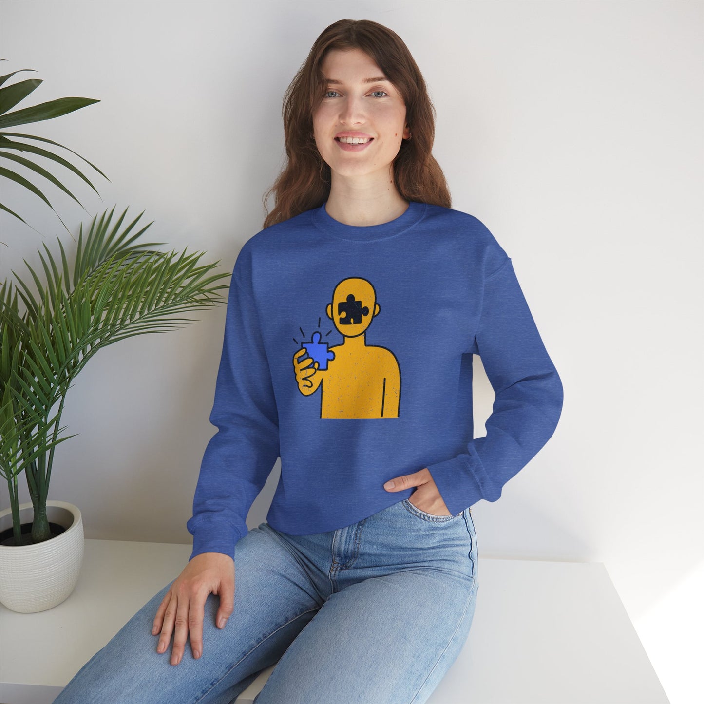 Distressed Crewneck Sweatshirt – Thoughtful Puzzle Piece Design with Human Theme