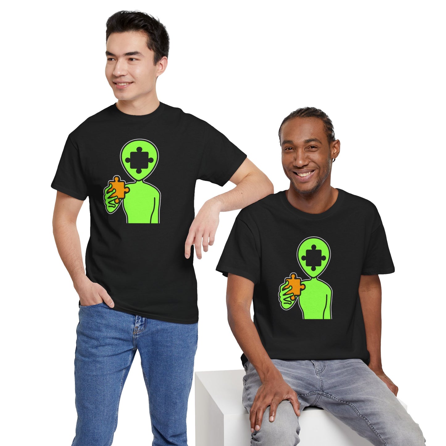 Alien Puzzle Piece T-Shirt – Clean Cosmic Design – Unisex Heavy Cotton Shirt for Life’s Mysteries