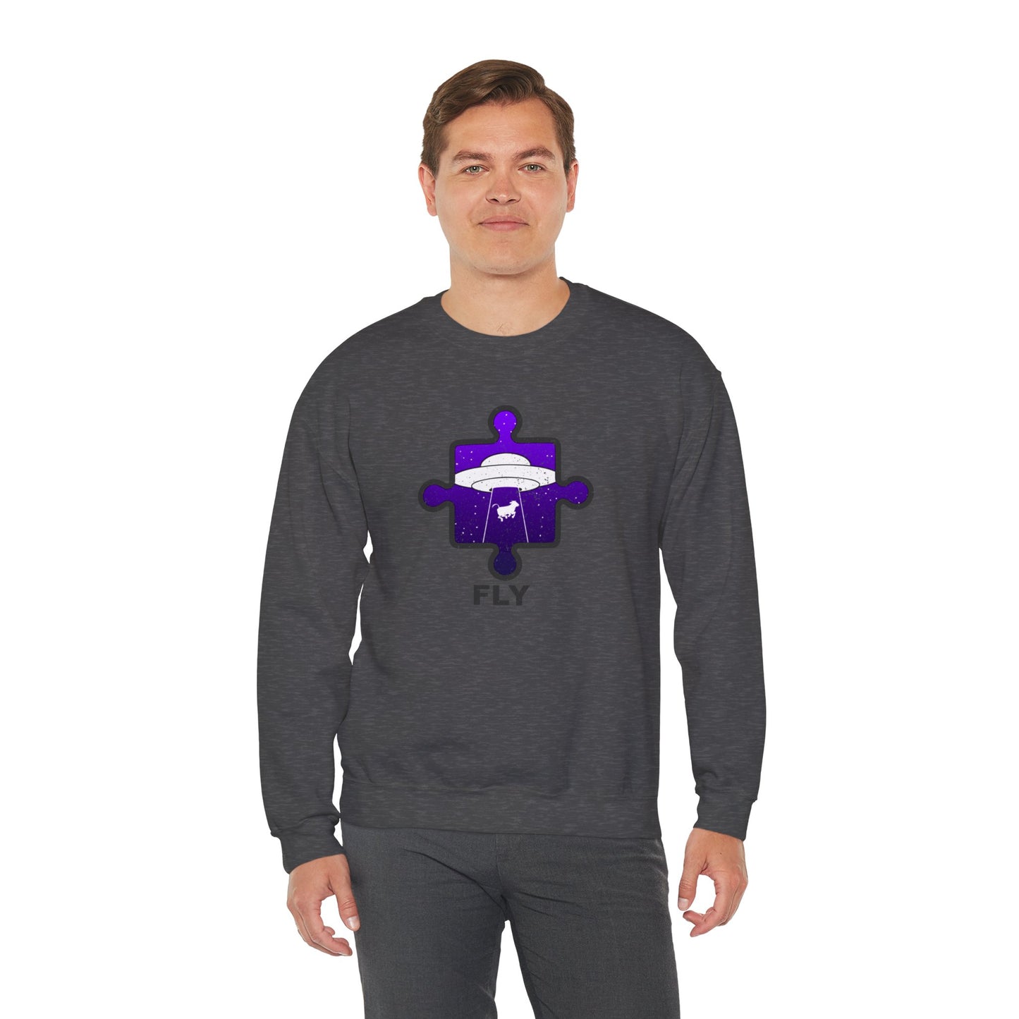 Distressed Crewneck Sweatshirt – Cow & UFO Puzzle Piece with ‘Fly’ Theme