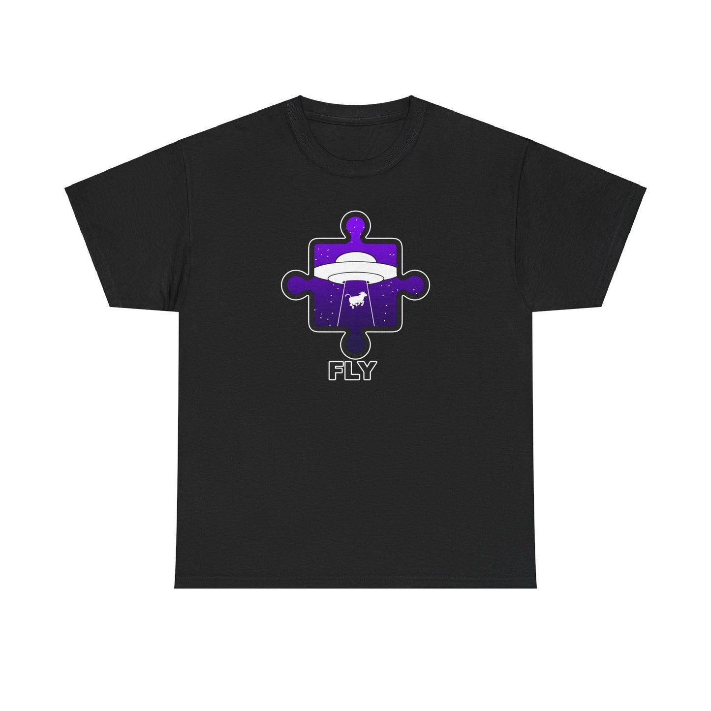 UFO Cow Abduction Puzzle Piece T-Shirt – ‘Fly’ Graphic Tee – Non-Distressed Design