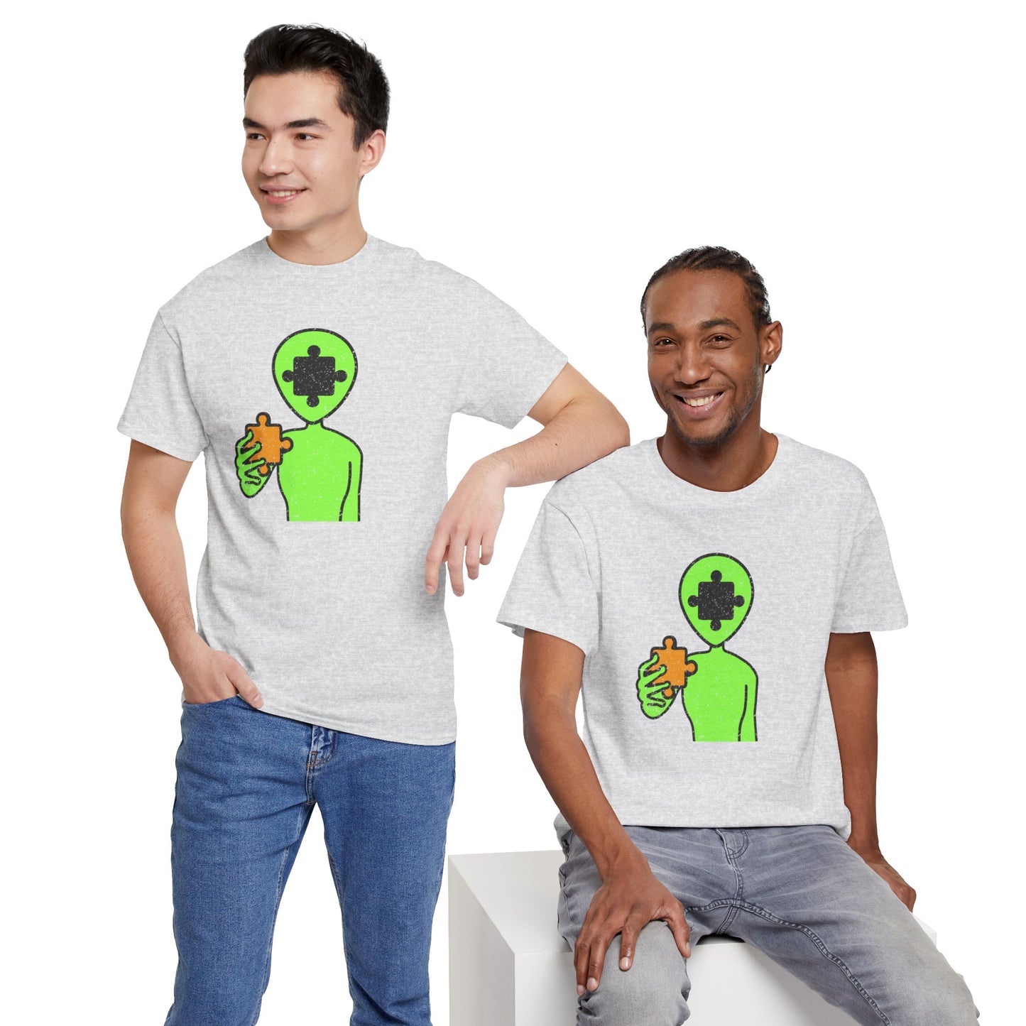 Alien Puzzle Piece T-Shirt – Distressed Cosmic Design – Unisex Heavy Cotton Shirt for Life’s Mysteries