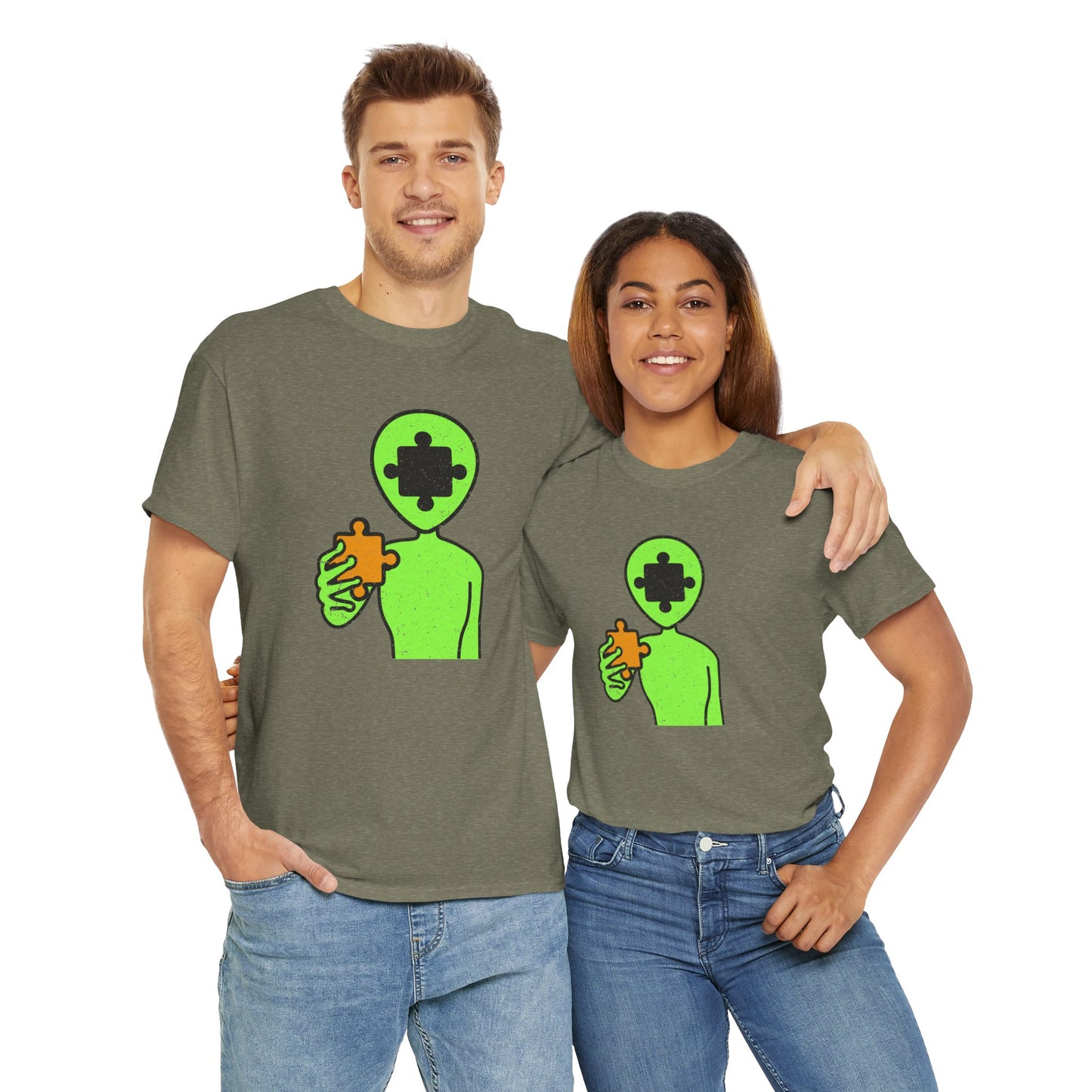 Alien Puzzle Piece T-Shirt – Distressed Cosmic Design – Unisex Heavy Cotton Shirt for Life’s Mysteries