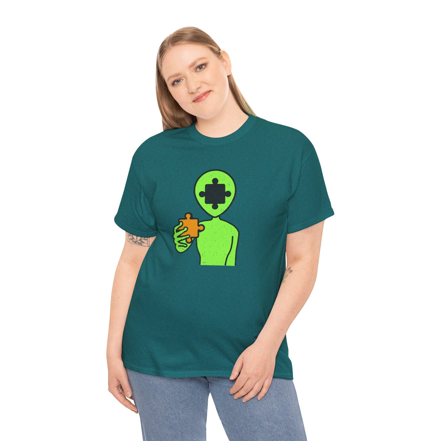 Alien Puzzle Piece T-Shirt – Distressed Cosmic Design – Unisex Heavy Cotton Shirt for Life’s Mysteries