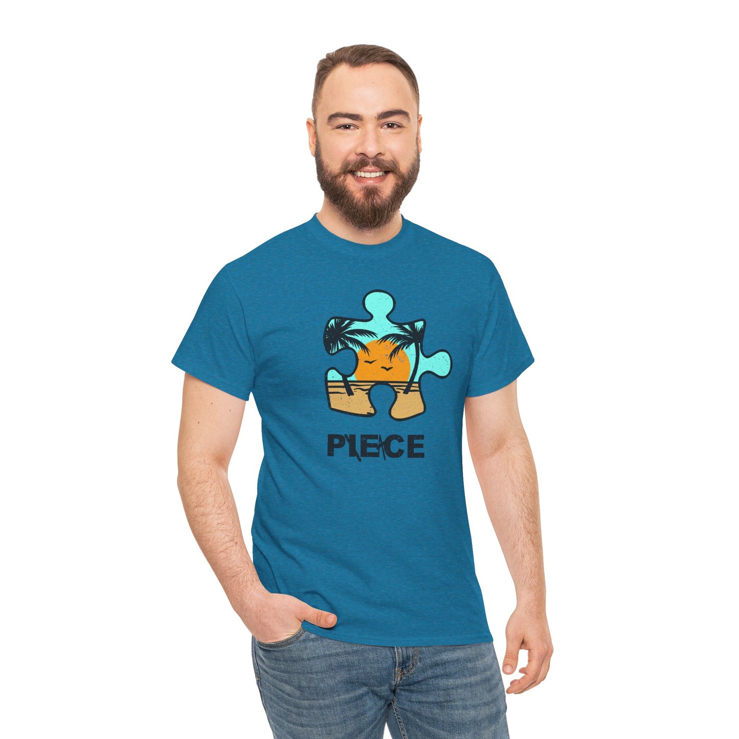 Peace Puzzle Piece T-Shirt – Distressed Beach Graphic Tee – Unisex Heavy Cotton Shirt for Tranquil Vibes