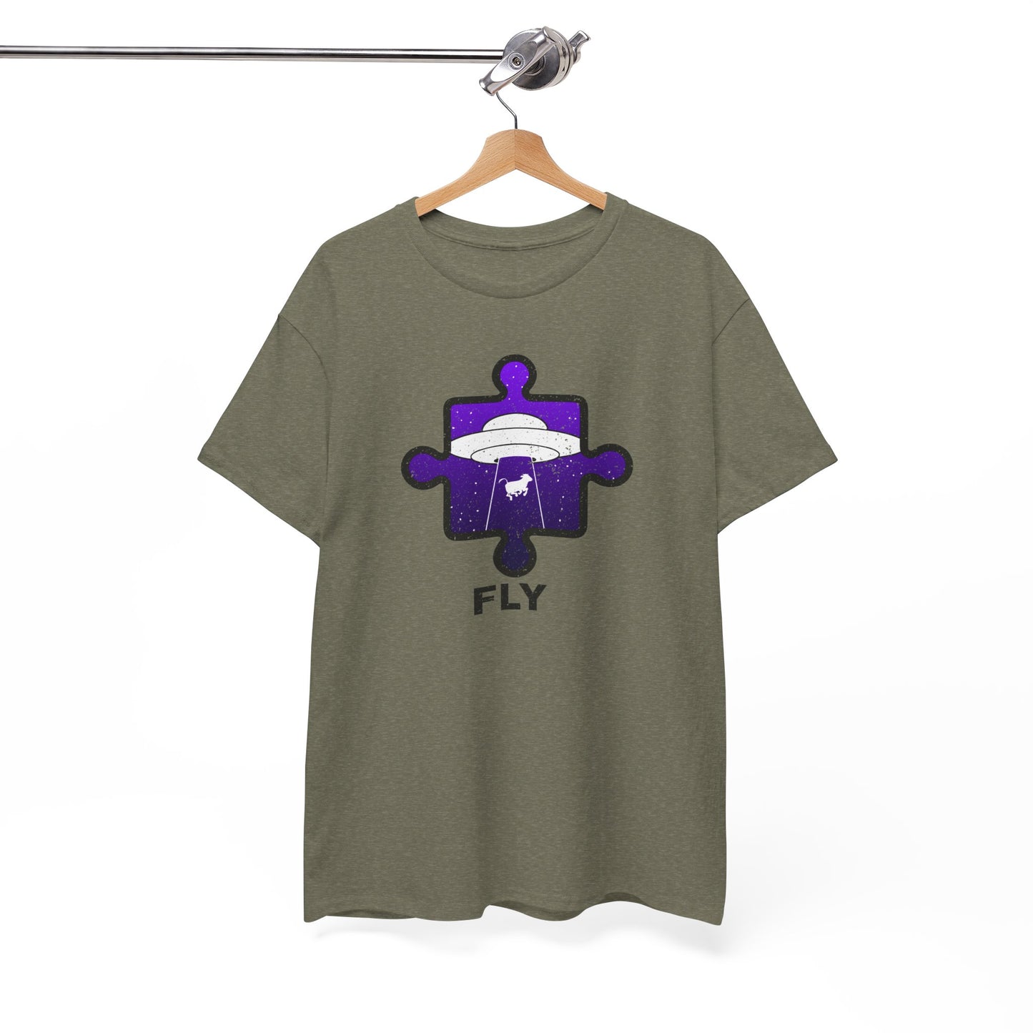 UFO Cow Abduction T-Shirt – ‘Fly’ Puzzle Piece Graphic Tee – Unisex Heavy Cotton Shirt Distressed Design