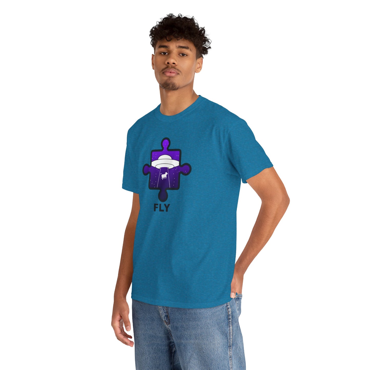 UFO Cow Abduction Puzzle Piece T-Shirt – ‘Fly’ Graphic Tee – Non-Distressed Design