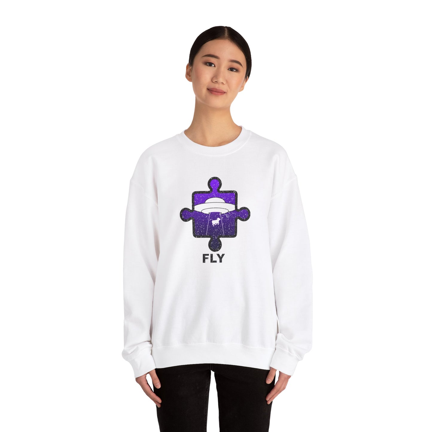 Distressed Crewneck Sweatshirt – Cow & UFO Puzzle Piece with ‘Fly’ Theme