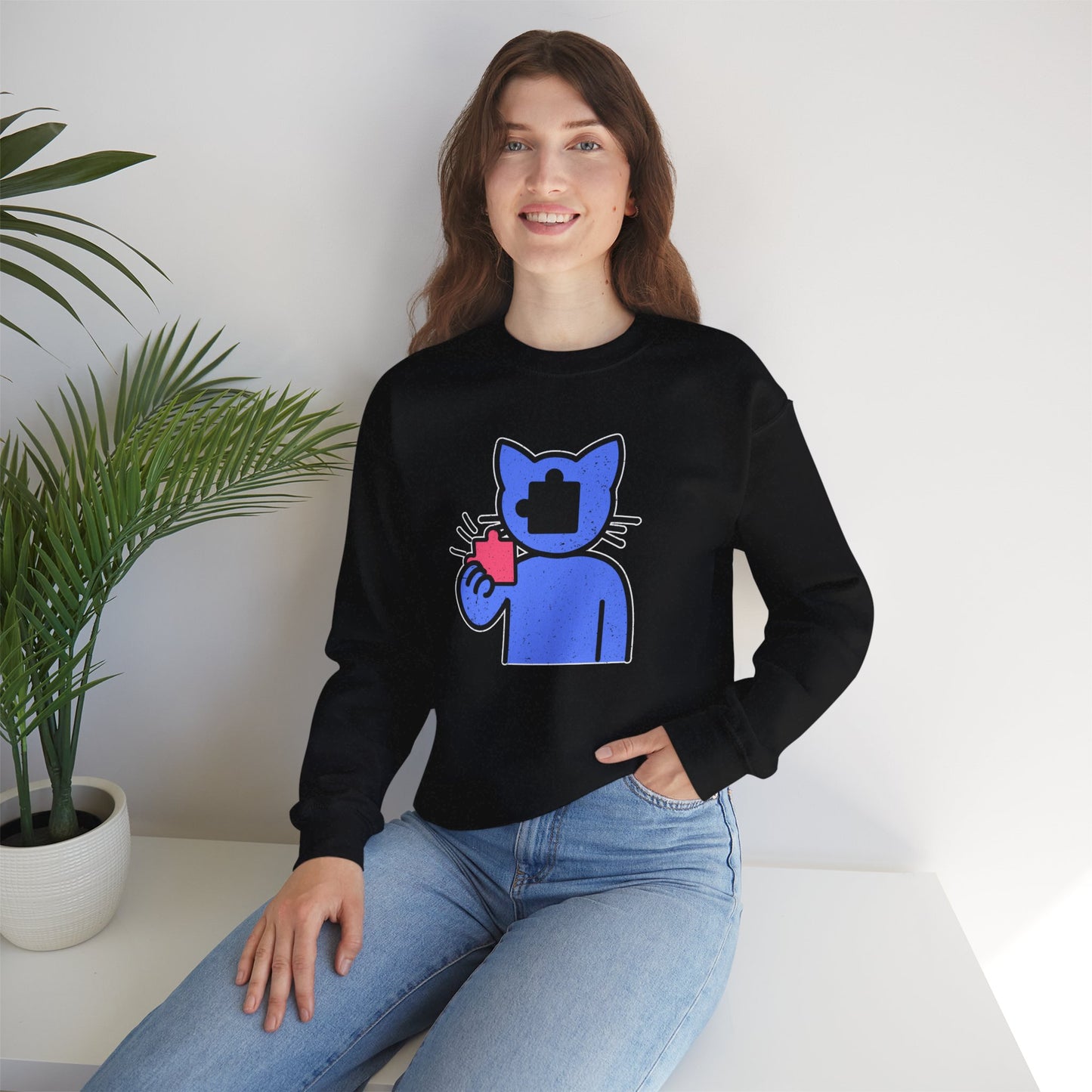 Cat Puzzle Piece Sweatshirt – Distressed Graphic Crewneck – Cozy Unisex Fleece for Life’s Puzzle Lovers
