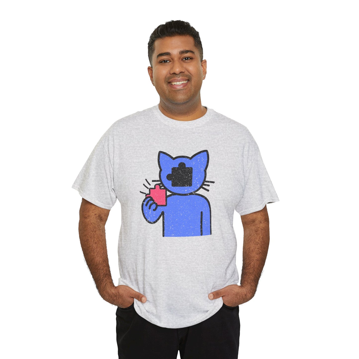 Cat Puzzle Piece T-Shirt – Life’s Epic Journey Distressed Graphic Tee – Unisex Heavy Cotton Shirt – Mix & Match to Create Your Own Unique Style