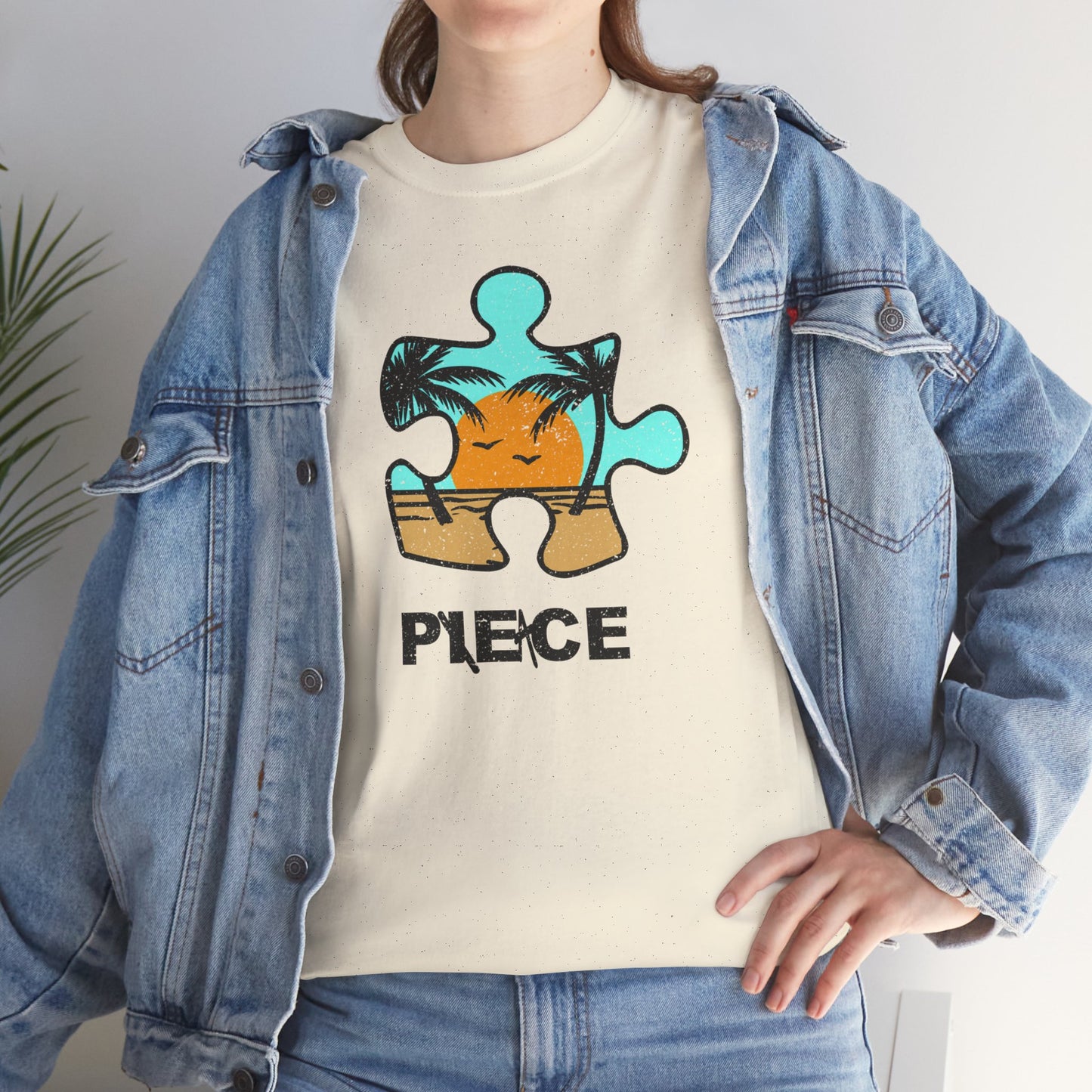 Peace Puzzle Piece T-Shirt – Distressed Beach Graphic Tee – Unisex Heavy Cotton Shirt for Tranquil Vibes