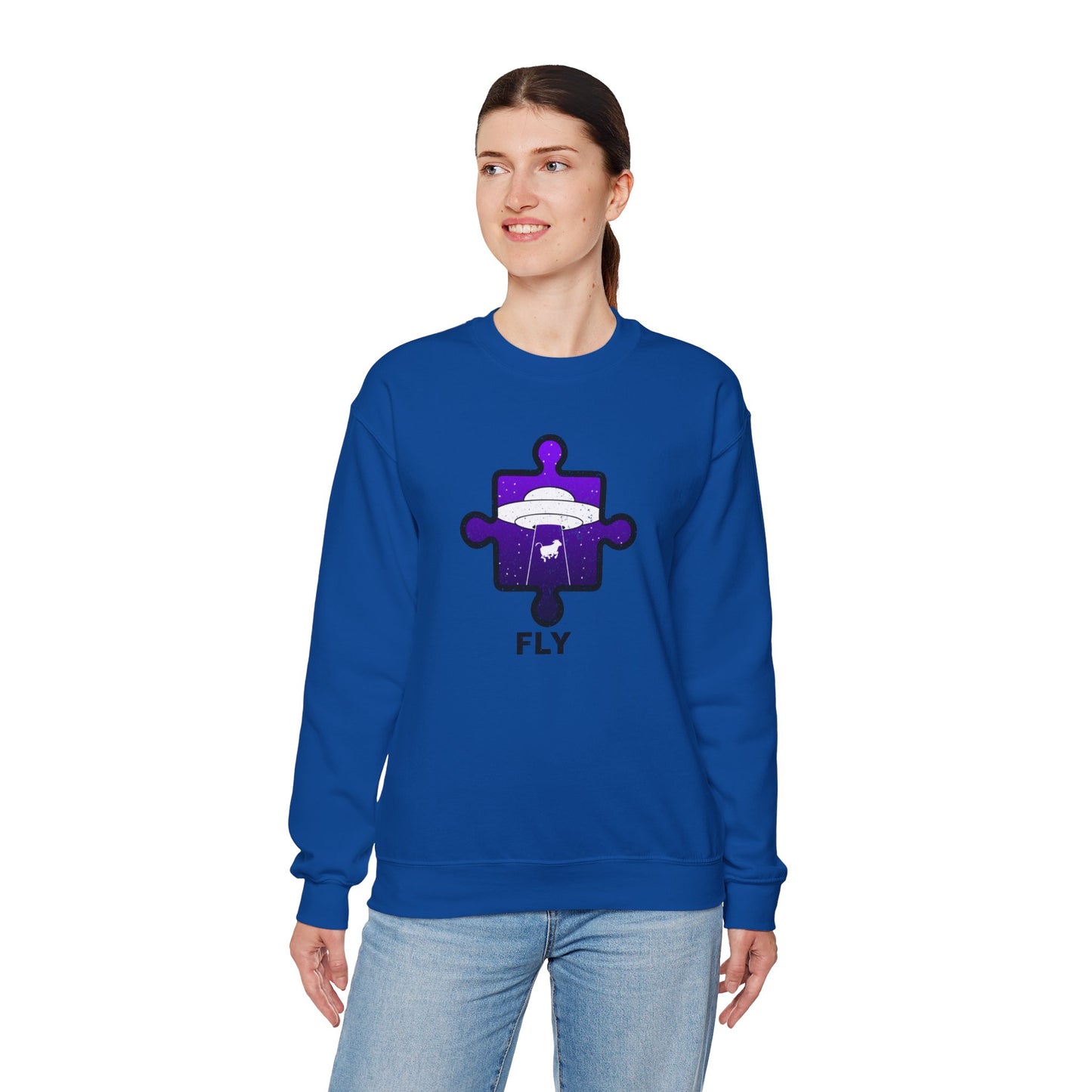 Distressed Crewneck Sweatshirt – Cow & UFO Puzzle Piece with ‘Fly’ Theme