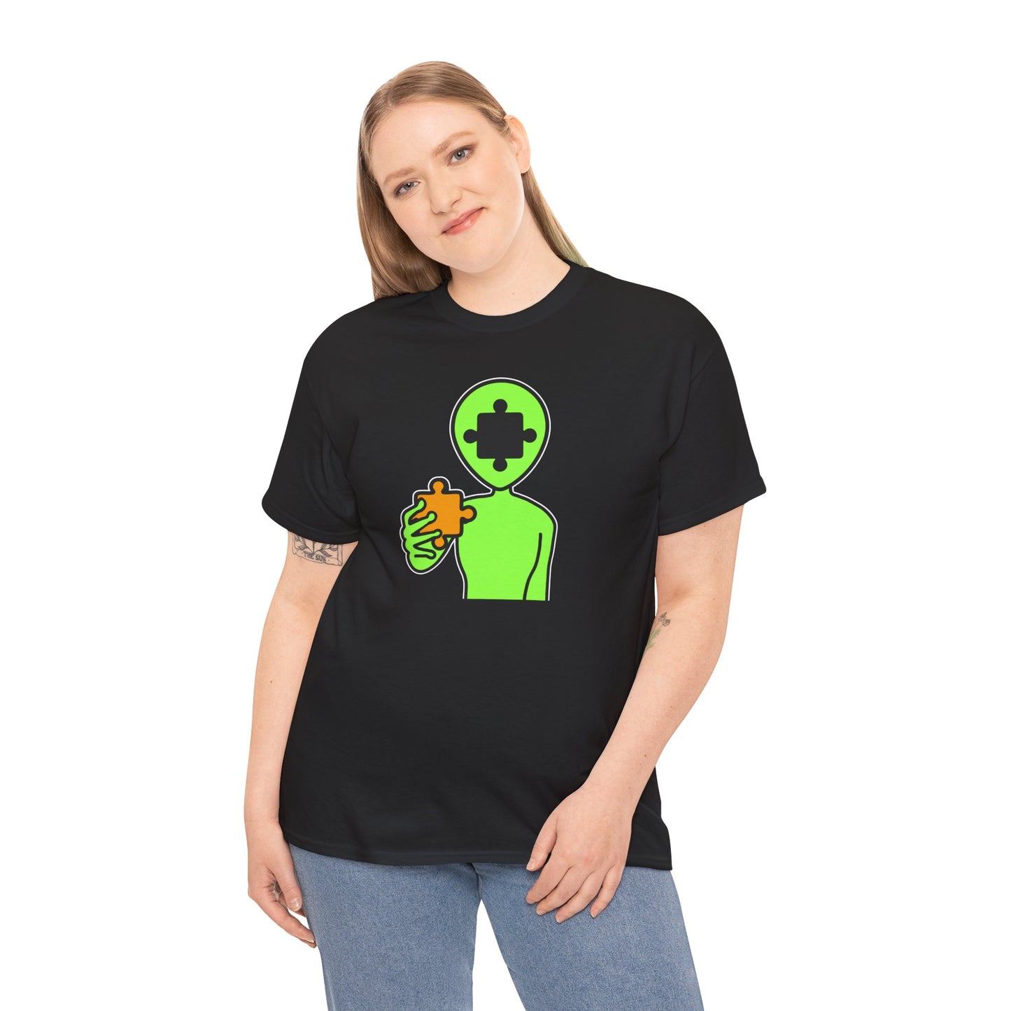 Alien Puzzle Piece T-Shirt – Clean Cosmic Design – Unisex Heavy Cotton Shirt for Life’s Mysteries