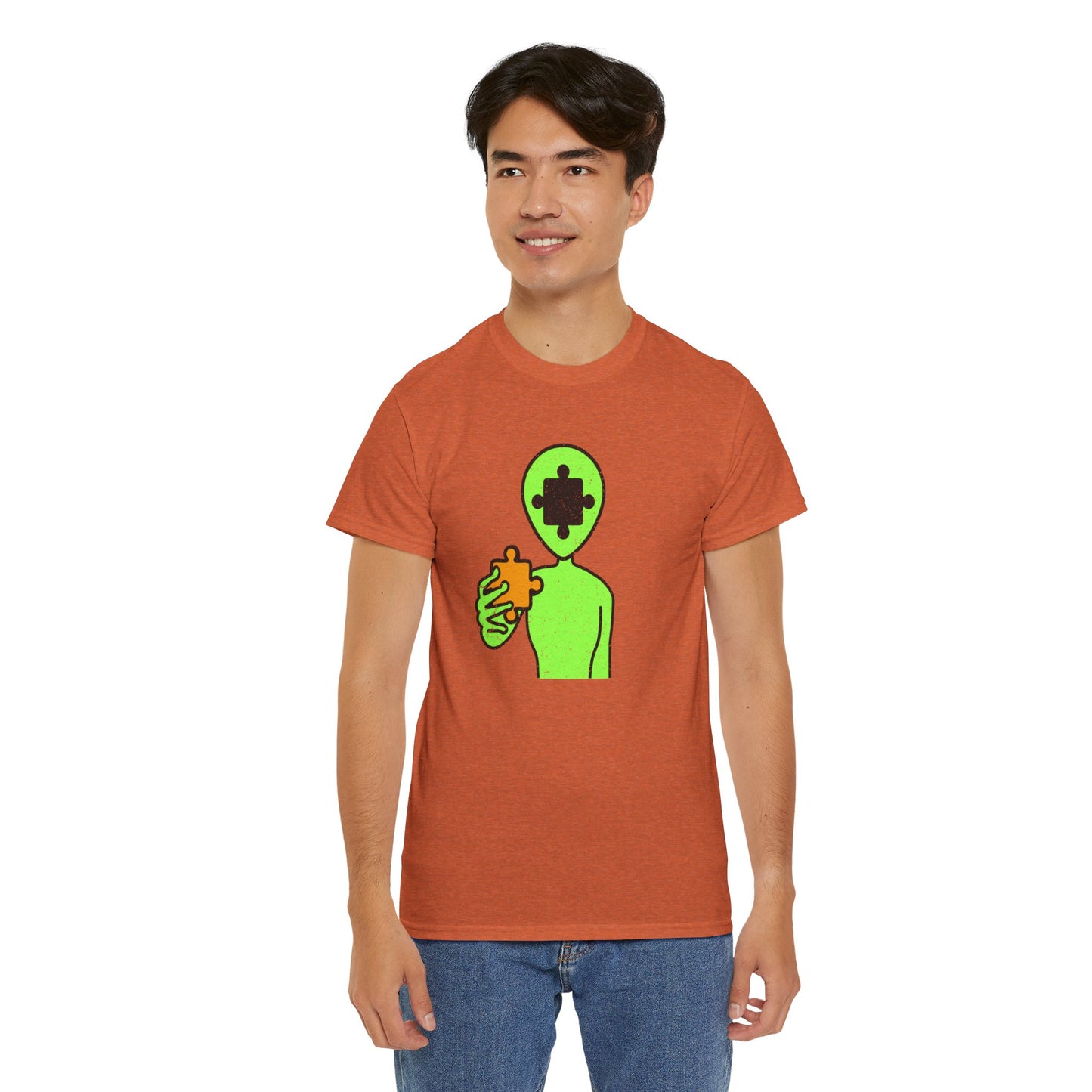 Alien Puzzle Piece T-Shirt – Distressed Cosmic Design – Unisex Heavy Cotton Shirt for Life’s Mysteries