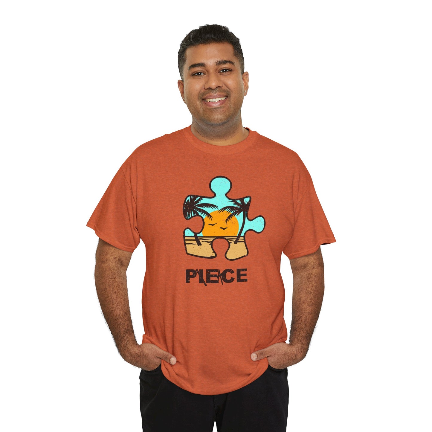 Peace Puzzle Piece T-Shirt – Distressed Beach Graphic Tee – Unisex Heavy Cotton Shirt for Tranquil Vibes