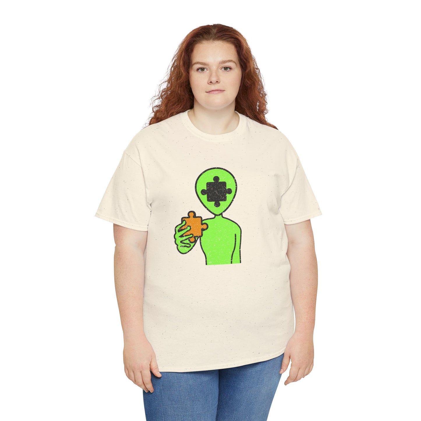 Alien Puzzle Piece T-Shirt – Distressed Cosmic Design – Unisex Heavy Cotton Shirt for Life’s Mysteries