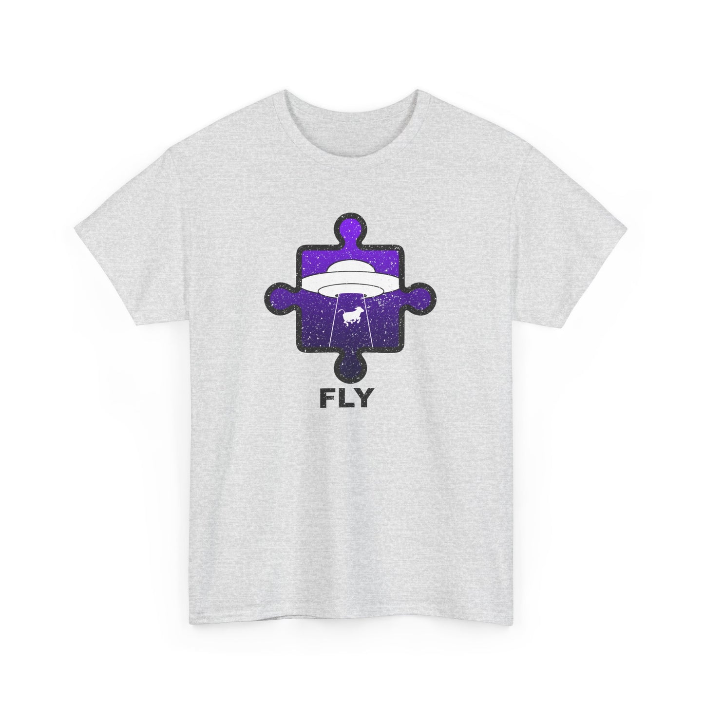 UFO Cow Abduction T-Shirt – ‘Fly’ Puzzle Piece Graphic Tee – Unisex Heavy Cotton Shirt Distressed Design