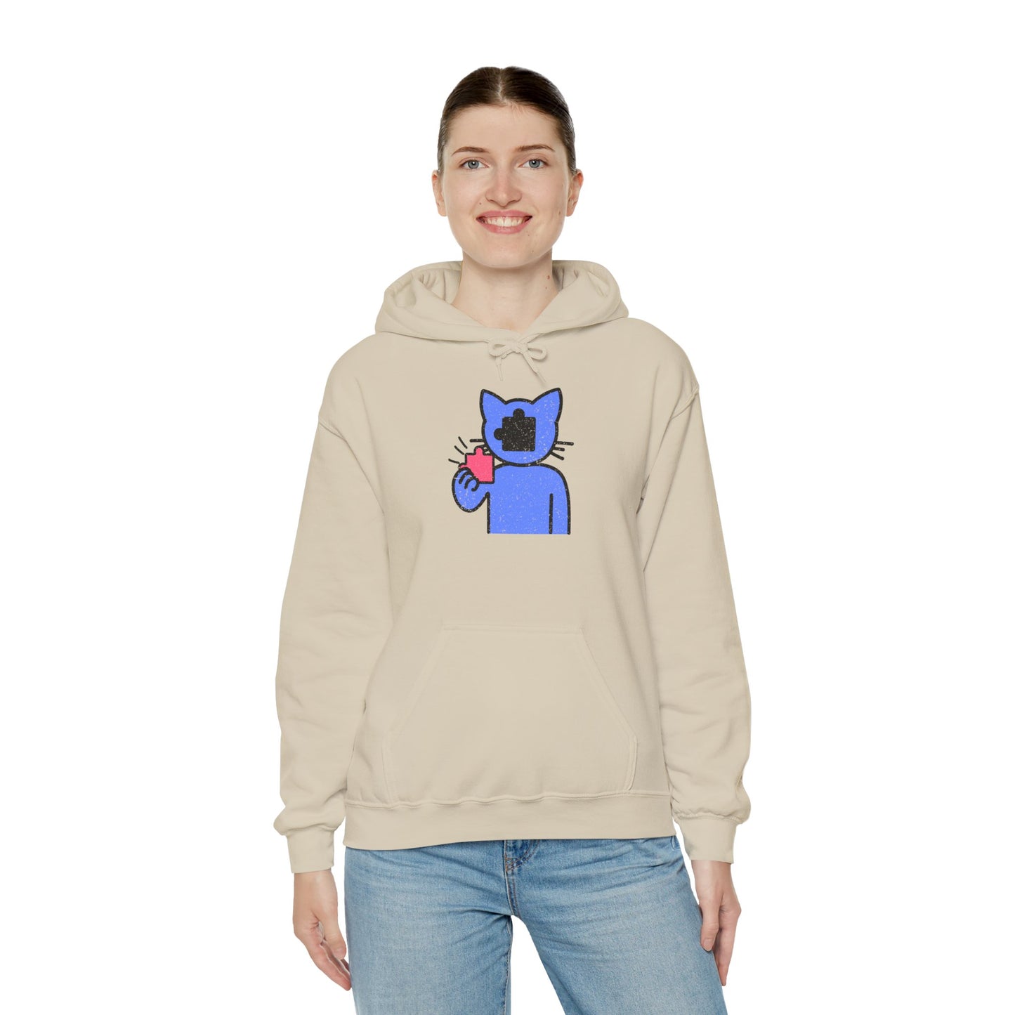 Cat Puzzle Piece Hoodie – Distressed Graphic Pullover – Cozy Unisex Hooded Sweatshirt for Puzzle Lovers