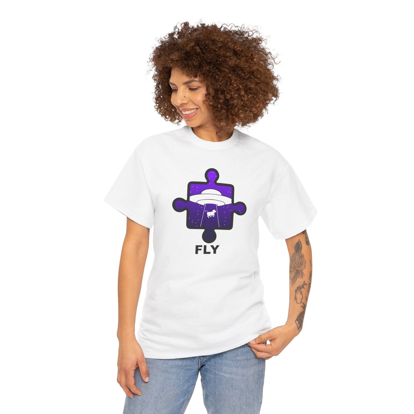 UFO Cow Abduction Puzzle Piece T-Shirt – ‘Fly’ Graphic Tee – Non-Distressed Design