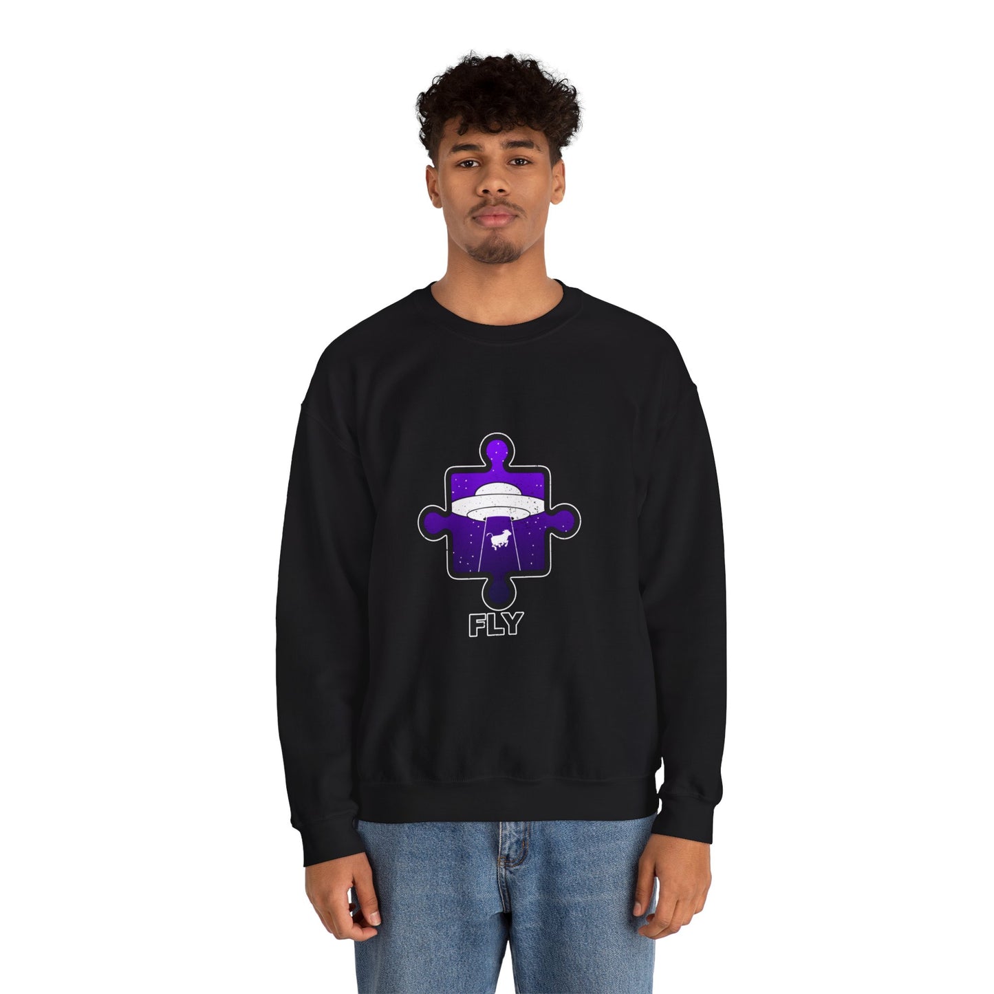 Distressed Crewneck Sweatshirt – Cow & UFO Puzzle Piece with ‘Fly’ Theme