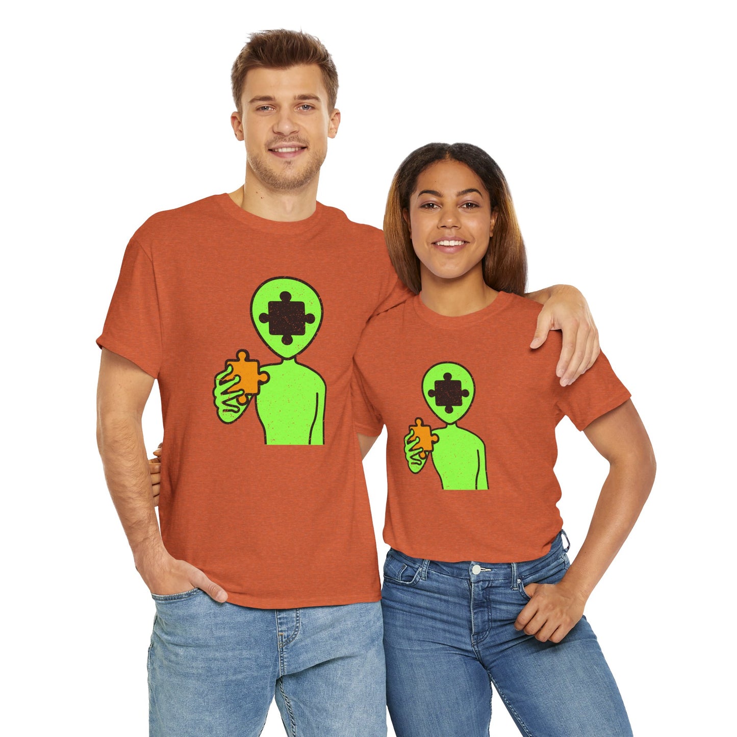 Alien Puzzle Piece T-Shirt – Distressed Cosmic Design – Unisex Heavy Cotton Shirt for Life’s Mysteries