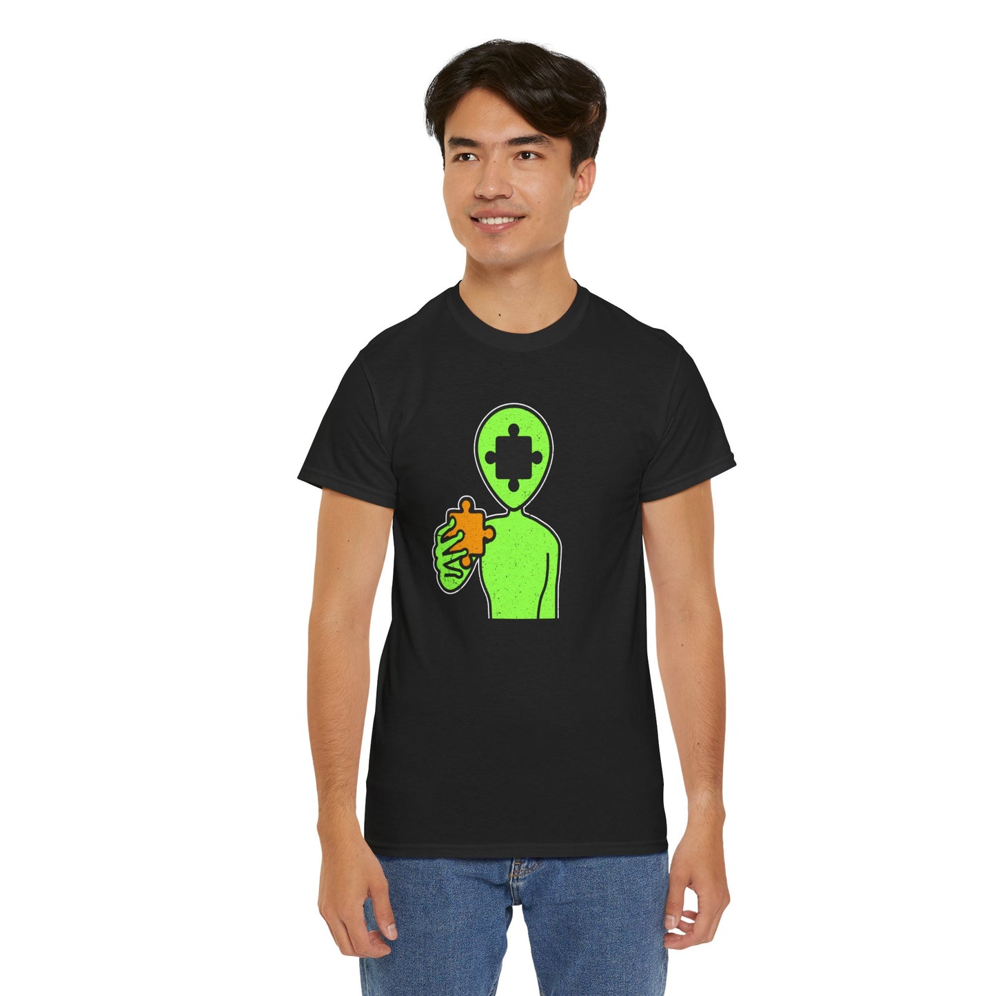 Alien Puzzle Piece T-Shirt – Distressed Cosmic Design – Unisex Heavy Cotton Shirt for Life’s Mysteries