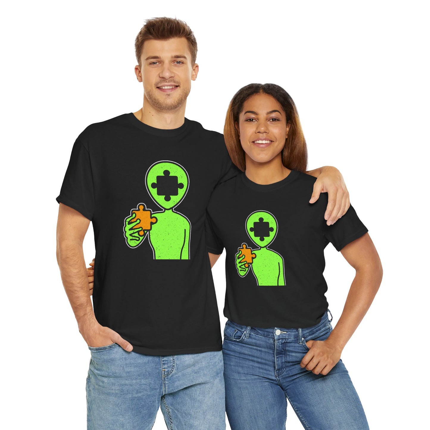 Alien Puzzle Piece T-Shirt – Distressed Cosmic Design – Unisex Heavy Cotton Shirt for Life’s Mysteries