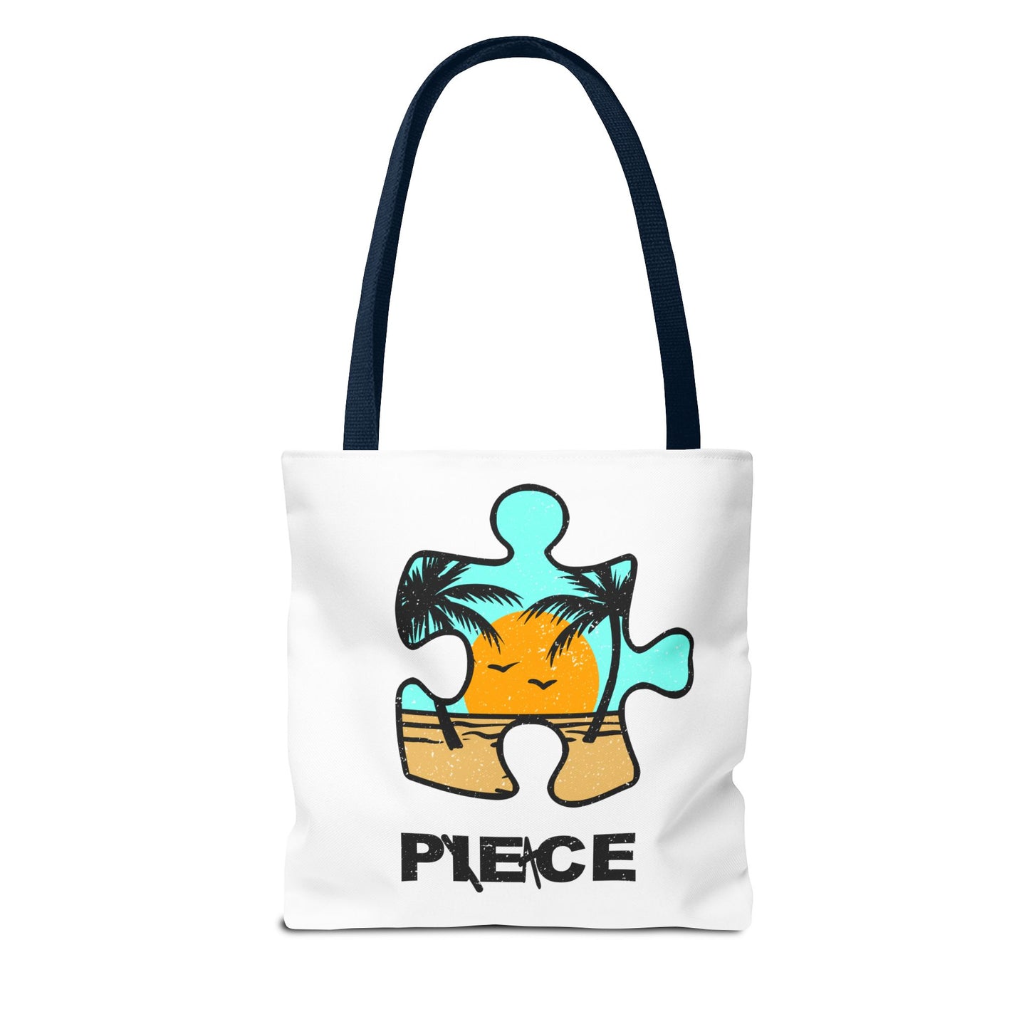 Distressed Tote Bag – Person & Beach Puzzle Piece Design with ‘Peace’ Theme