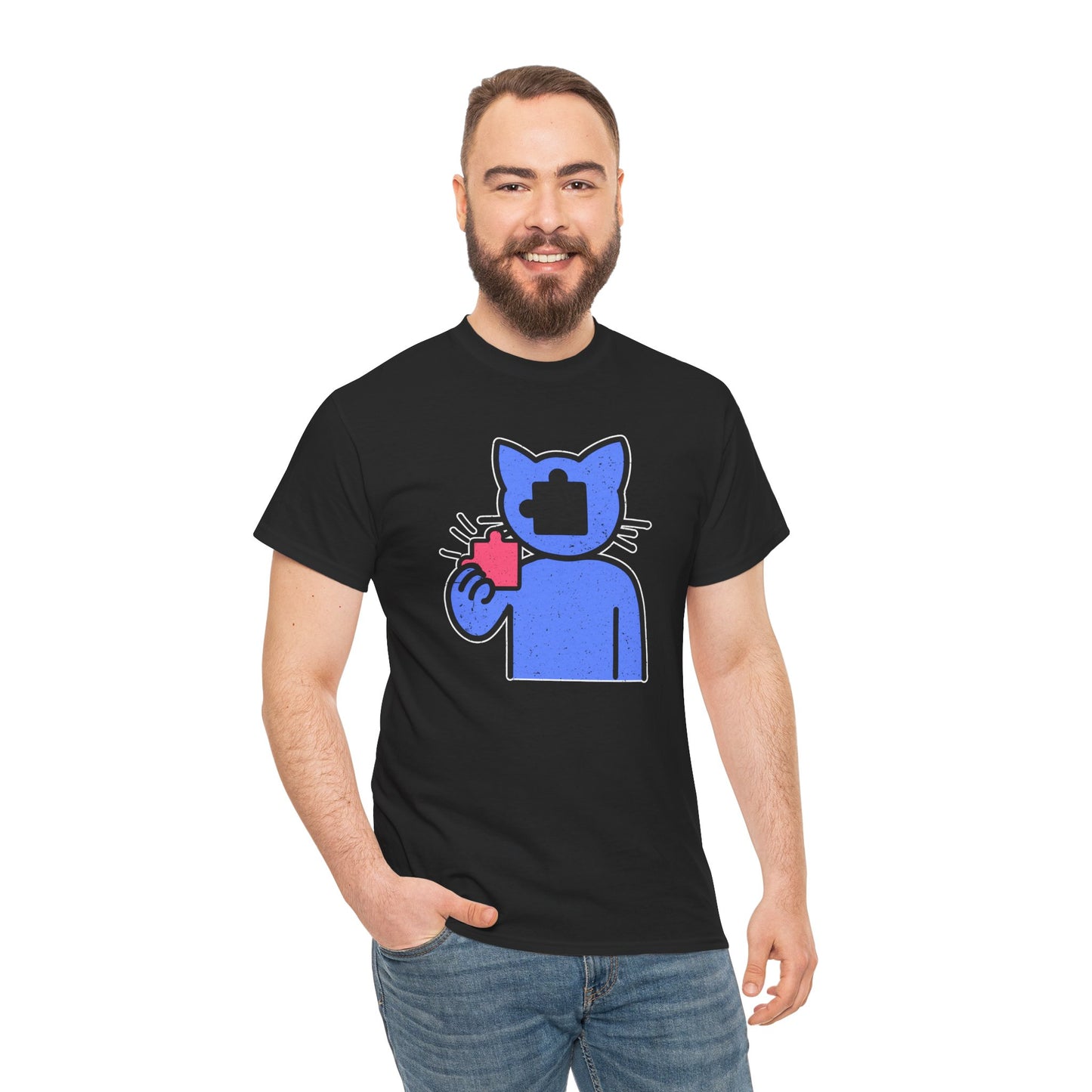 Cat Puzzle Piece T-Shirt – Life’s Epic Journey Distressed Graphic Tee – Unisex Heavy Cotton Shirt – Mix & Match to Create Your Own Unique Style