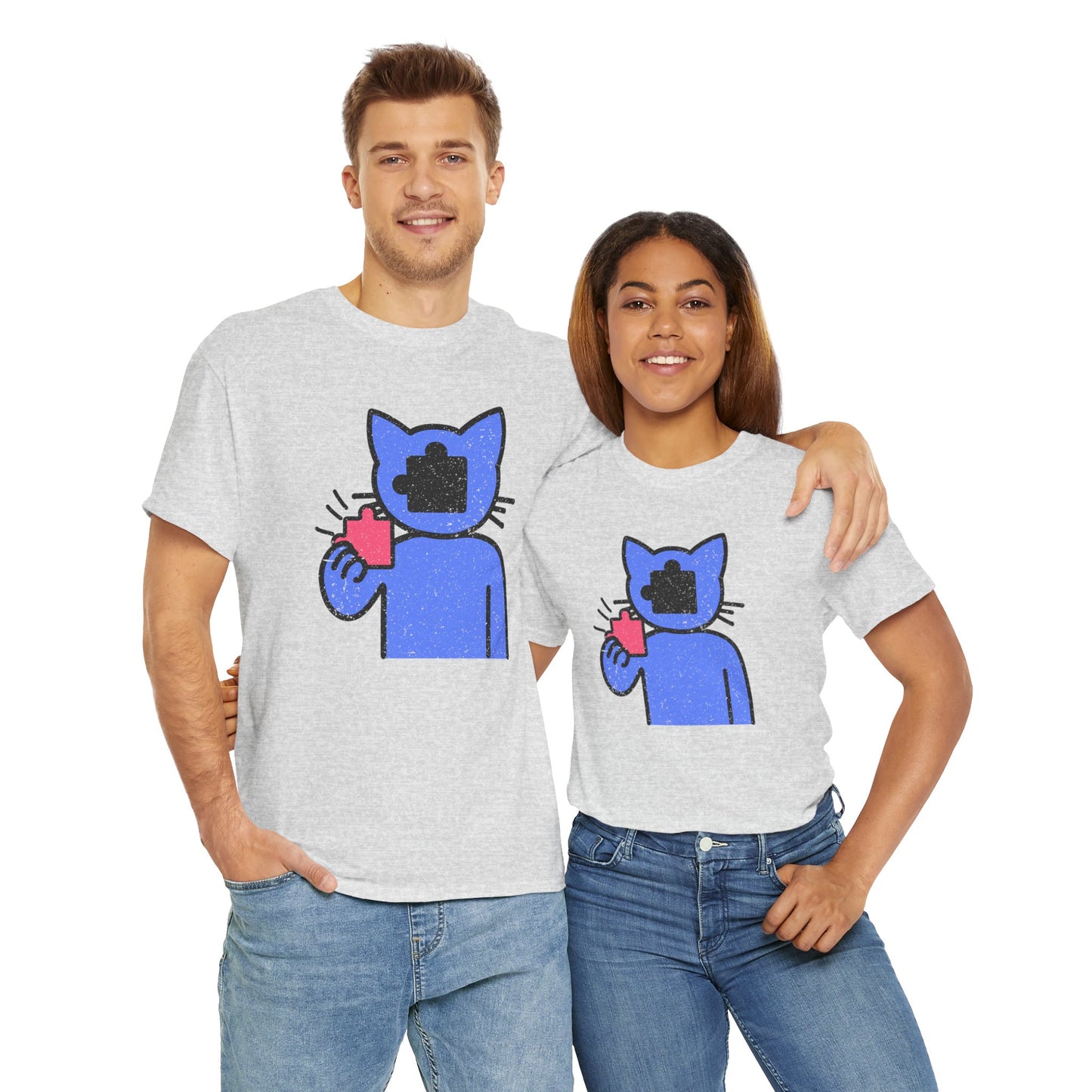 Cat Puzzle Piece T-Shirt – Life’s Epic Journey Distressed Graphic Tee – Unisex Heavy Cotton Shirt – Mix & Match to Create Your Own Unique Style