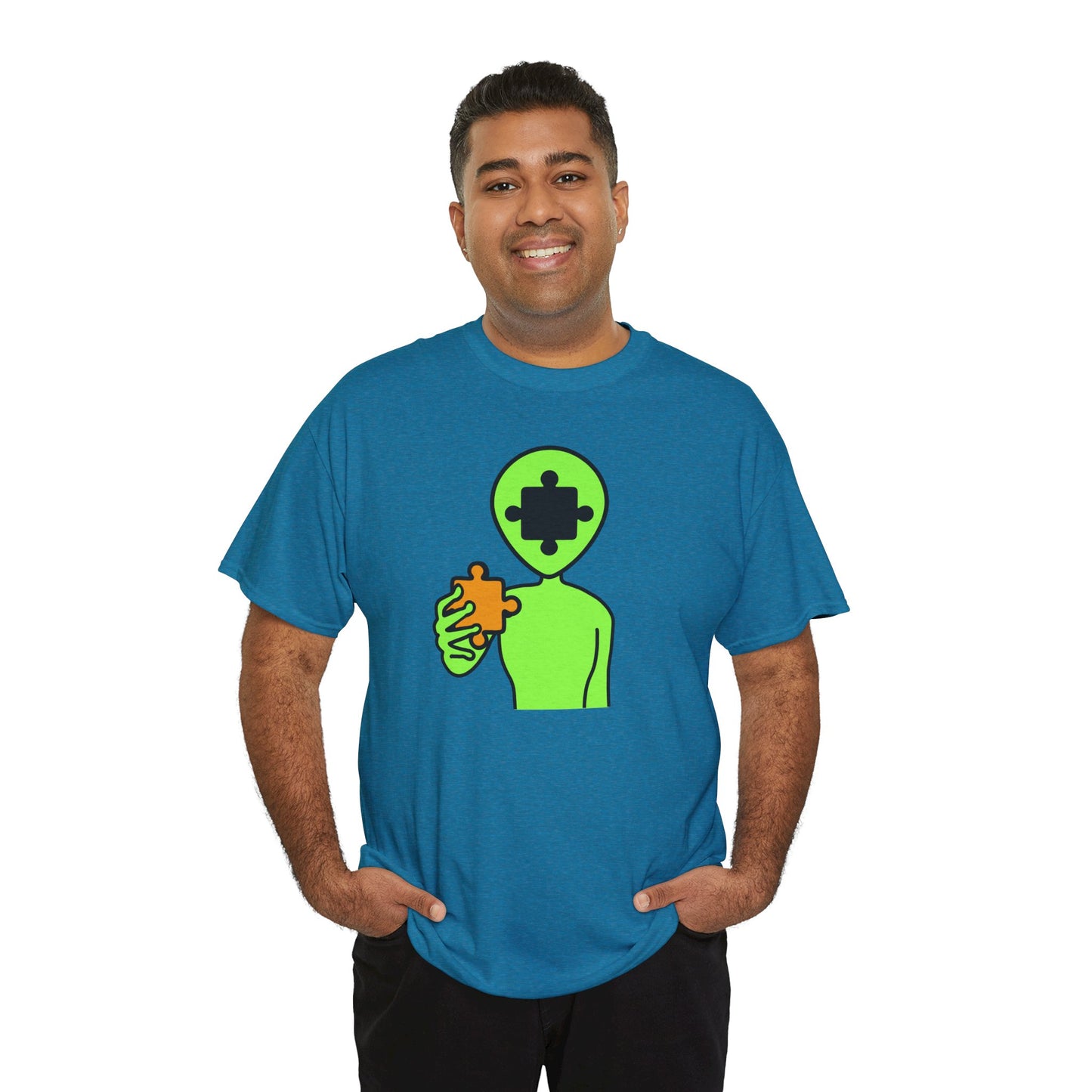 Alien Puzzle Piece T-Shirt – Clean Cosmic Design – Unisex Heavy Cotton Shirt for Life’s Mysteries