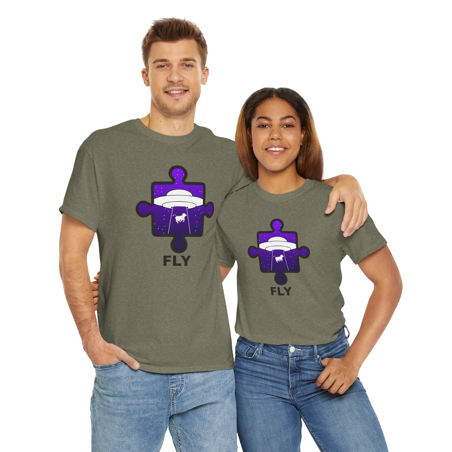 UFO Cow Abduction Puzzle Piece T-Shirt – ‘Fly’ Graphic Tee – Non-Distressed Design