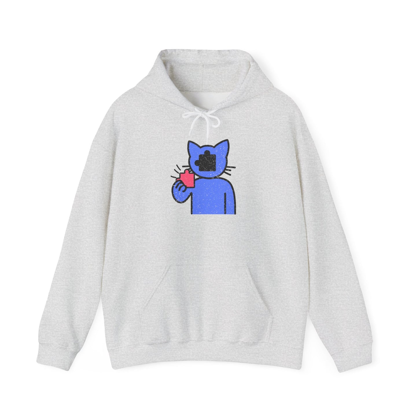 Cat Puzzle Piece Hoodie – Distressed Graphic Pullover – Cozy Unisex Hooded Sweatshirt for Puzzle Lovers