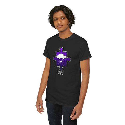 UFO Cow Abduction Puzzle Piece T-Shirt – ‘Fly’ Graphic Tee – Non-Distressed Design