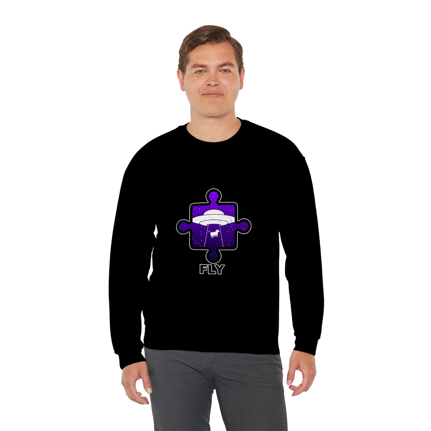 Distressed Crewneck Sweatshirt – Cow & UFO Puzzle Piece with ‘Fly’ Theme