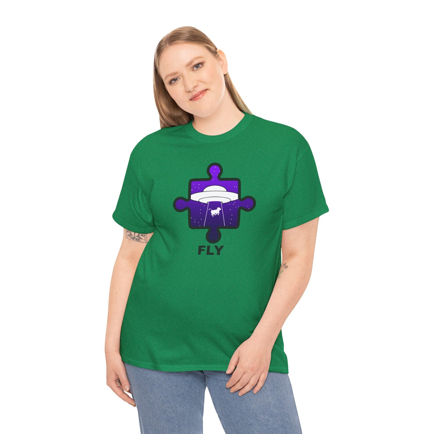 UFO Cow Abduction Puzzle Piece T-Shirt – ‘Fly’ Graphic Tee – Non-Distressed Design