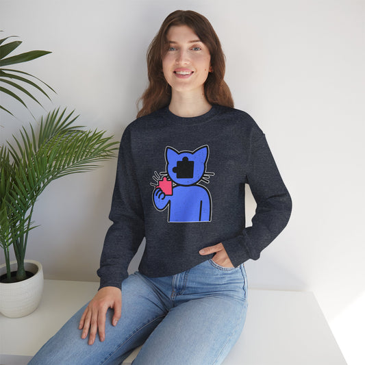 Cat Puzzle Piece Sweatshirt – Distressed Graphic Crewneck – Cozy Unisex Fleece for Life’s Puzzle Lovers