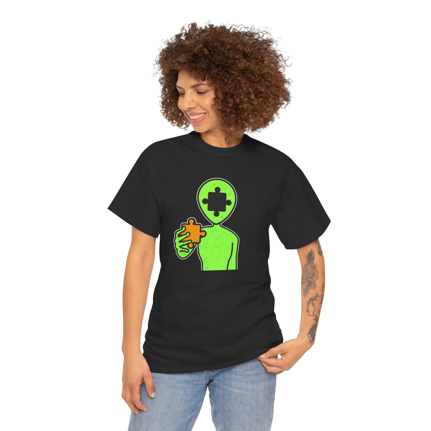 Alien Puzzle Piece T-Shirt – Distressed Cosmic Design – Unisex Heavy Cotton Shirt for Life’s Mysteries