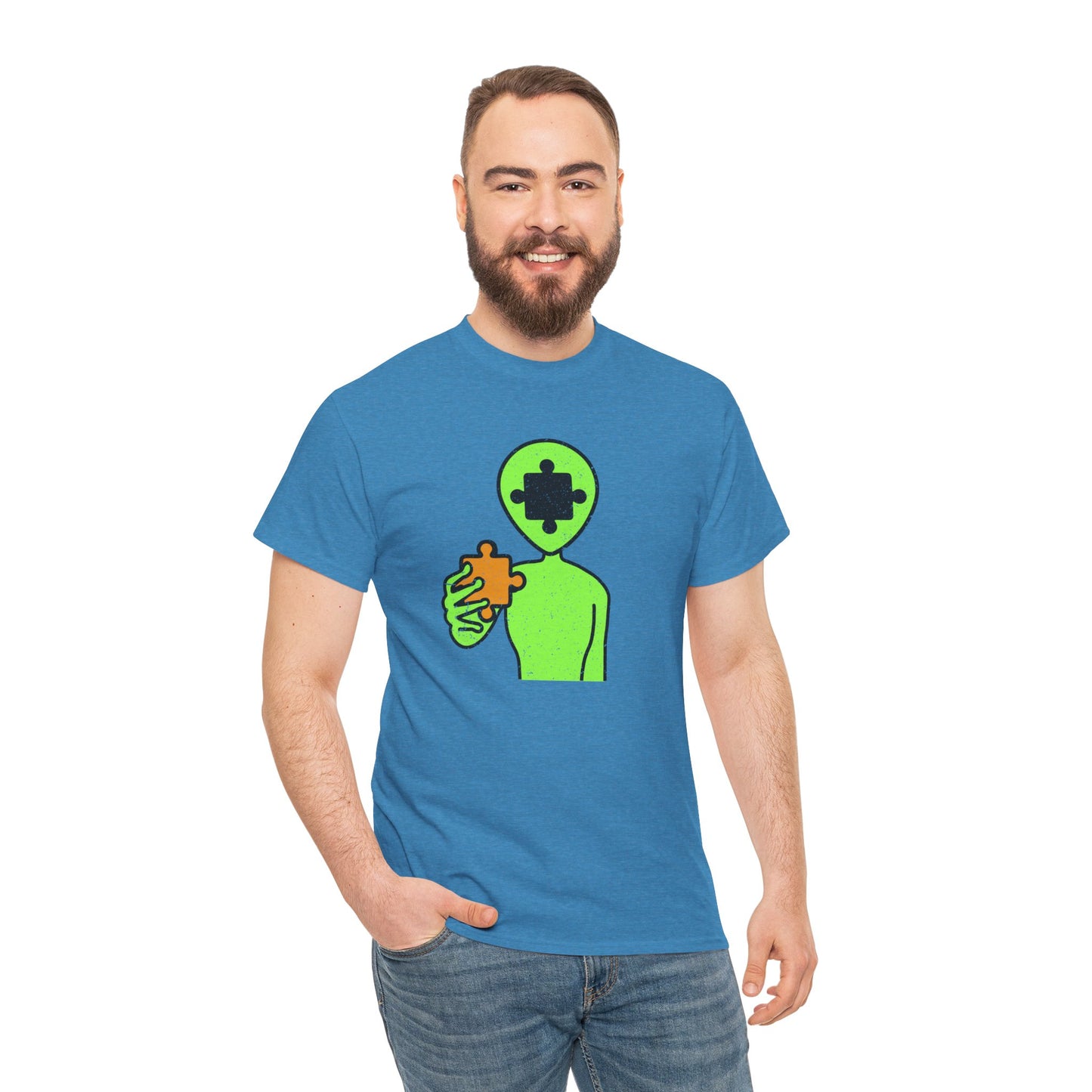 Alien Puzzle Piece T-Shirt – Distressed Cosmic Design – Unisex Heavy Cotton Shirt for Life’s Mysteries