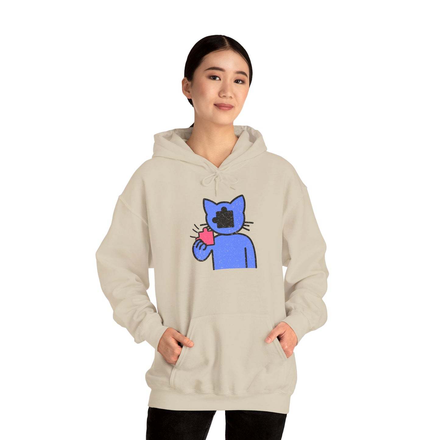 Cat Puzzle Piece Hoodie – Distressed Graphic Pullover – Cozy Unisex Hooded Sweatshirt for Puzzle Lovers