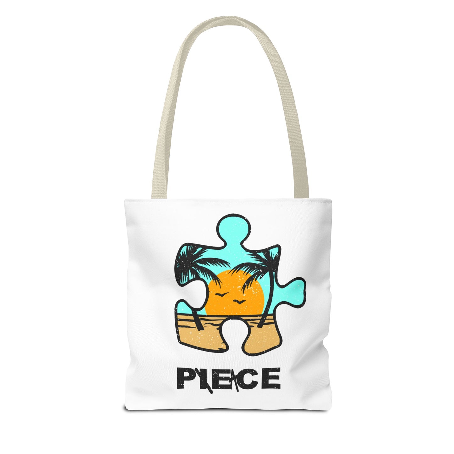 Distressed Tote Bag – Person & Beach Puzzle Piece Design with ‘Peace’ Theme