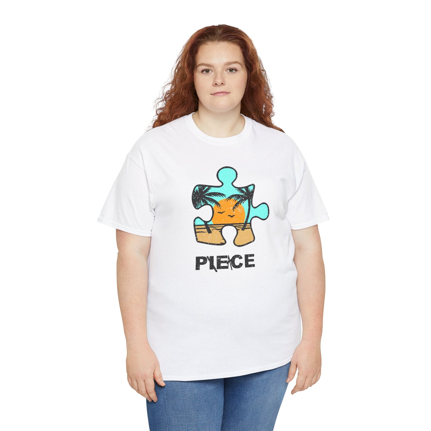 Peace Puzzle Piece T-Shirt – Distressed Beach Graphic Tee – Unisex Heavy Cotton Shirt for Tranquil Vibes