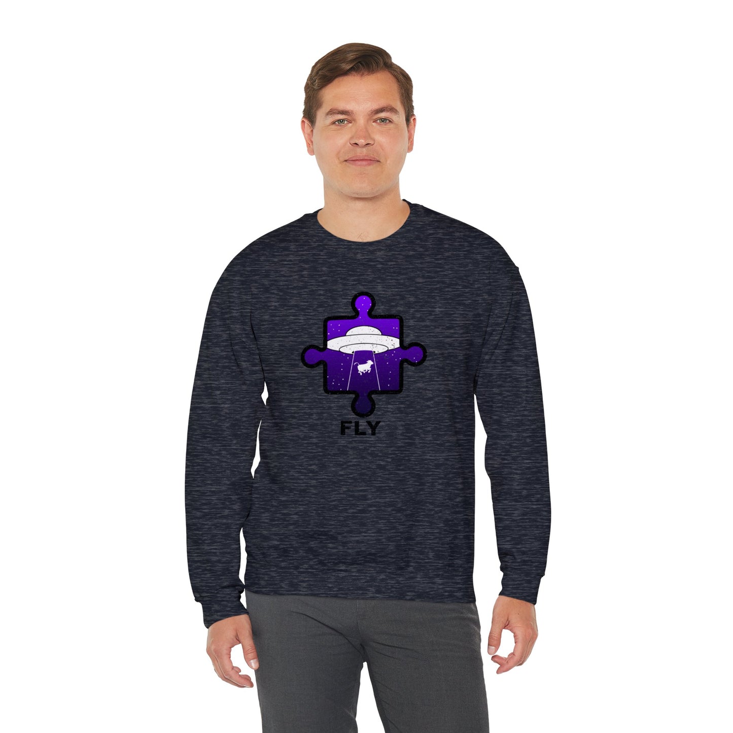 Distressed Crewneck Sweatshirt – Cow & UFO Puzzle Piece with ‘Fly’ Theme