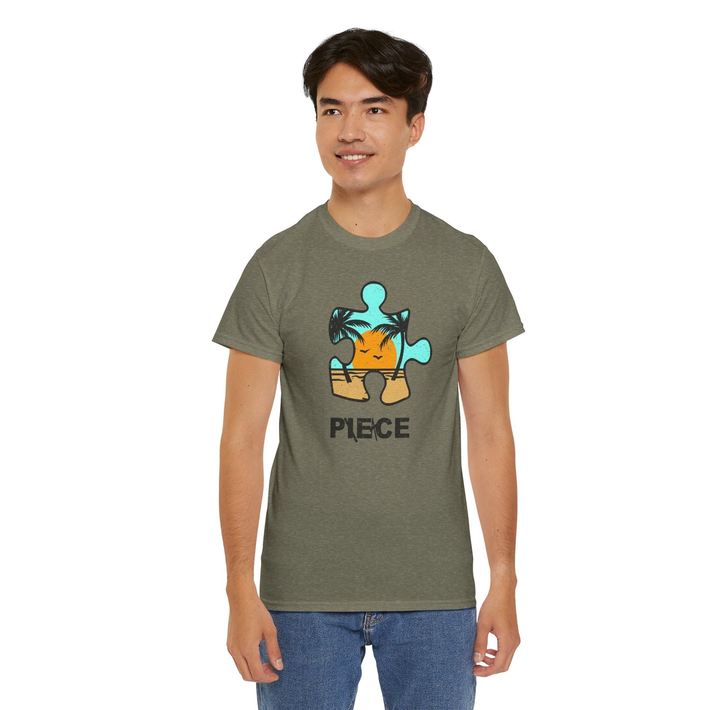 Peace Puzzle Piece T-Shirt – Distressed Beach Graphic Tee – Unisex Heavy Cotton Shirt for Tranquil Vibes