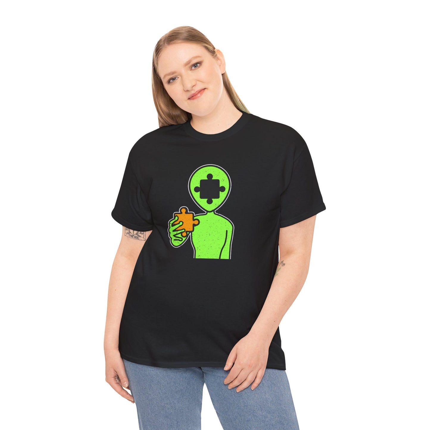 Alien Puzzle Piece T-Shirt – Distressed Cosmic Design – Unisex Heavy Cotton Shirt for Life’s Mysteries