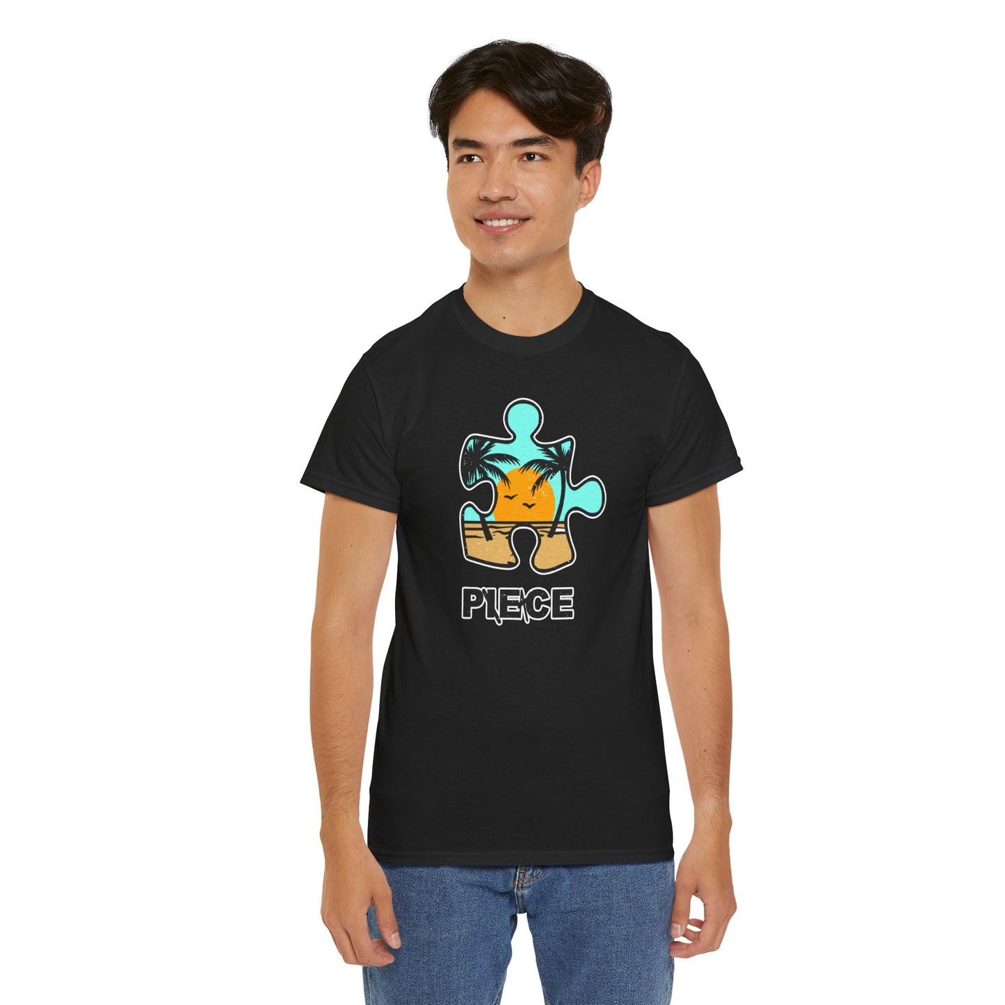 Peace Puzzle Piece T-Shirt – Distressed Beach Graphic Tee – Unisex Heavy Cotton Shirt for Tranquil Vibes