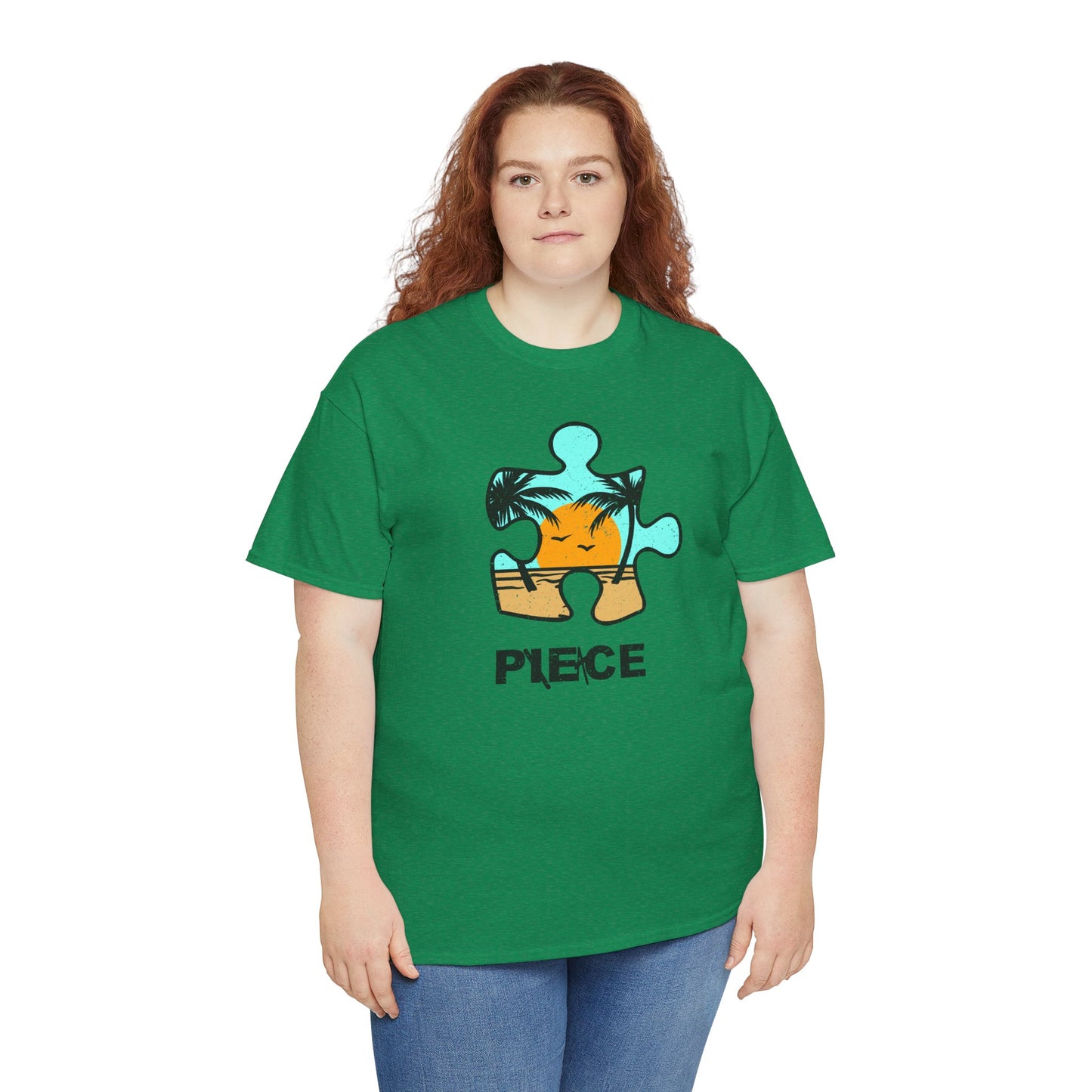 Peace Puzzle Piece T-Shirt – Distressed Beach Graphic Tee – Unisex Heavy Cotton Shirt for Tranquil Vibes