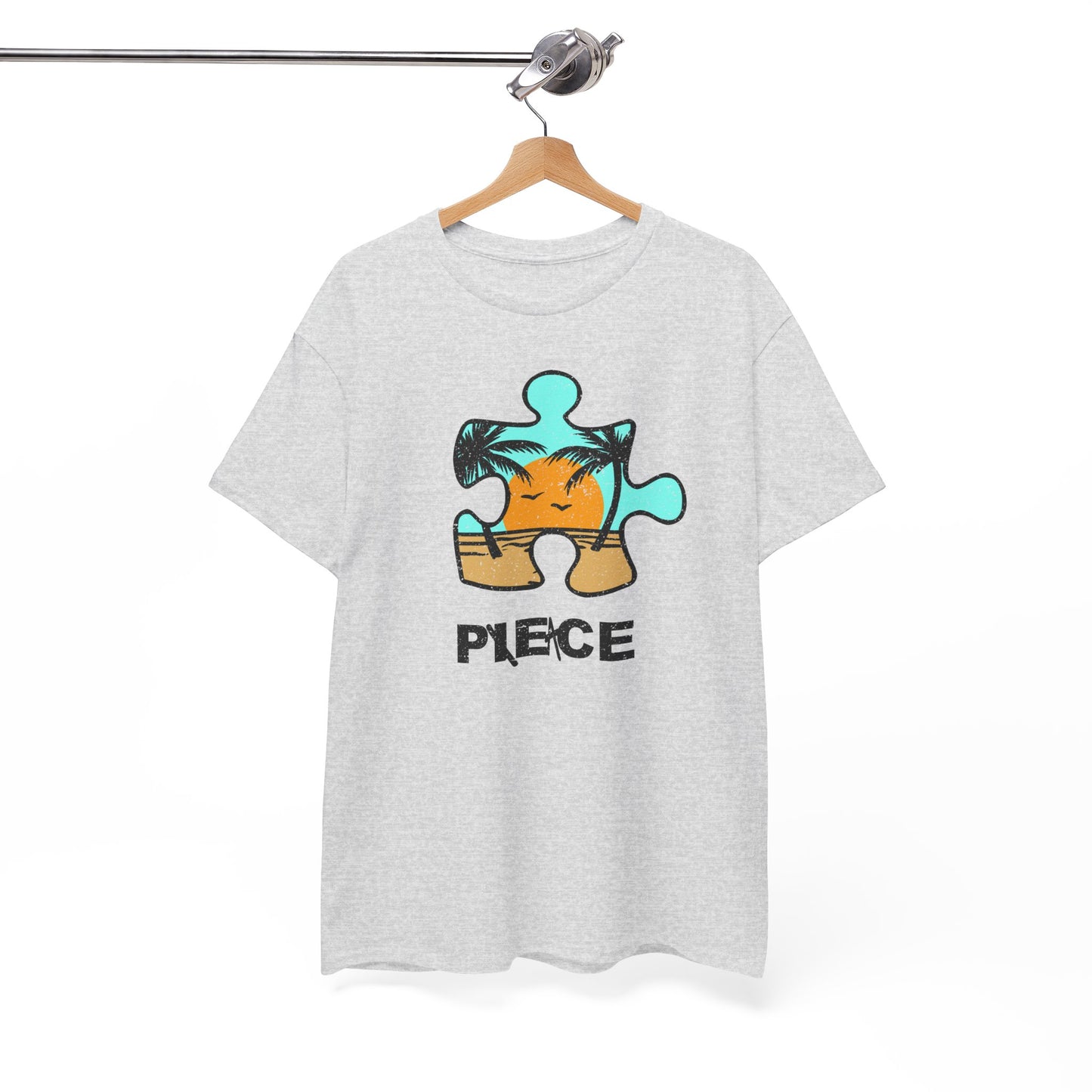 Peace Puzzle Piece T-Shirt – Distressed Beach Graphic Tee – Unisex Heavy Cotton Shirt for Tranquil Vibes