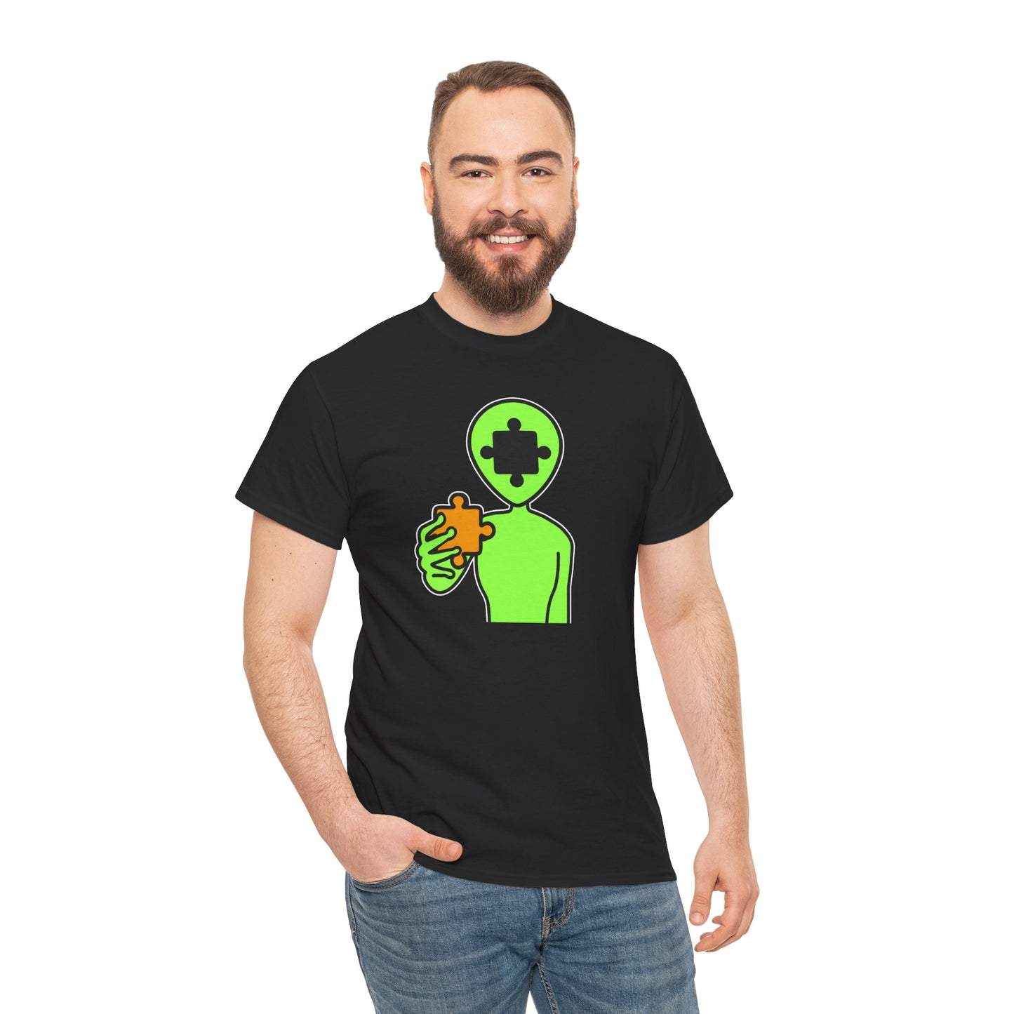 Alien Puzzle Piece T-Shirt – Clean Cosmic Design – Unisex Heavy Cotton Shirt for Life’s Mysteries