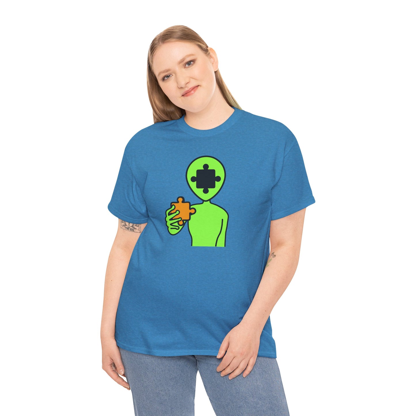 Alien Puzzle Piece T-Shirt – Clean Cosmic Design – Unisex Heavy Cotton Shirt for Life’s Mysteries